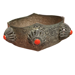 Vintage Tibetan Tribal Cuff Bracelet – Simulated Coral, Mantra Symbols